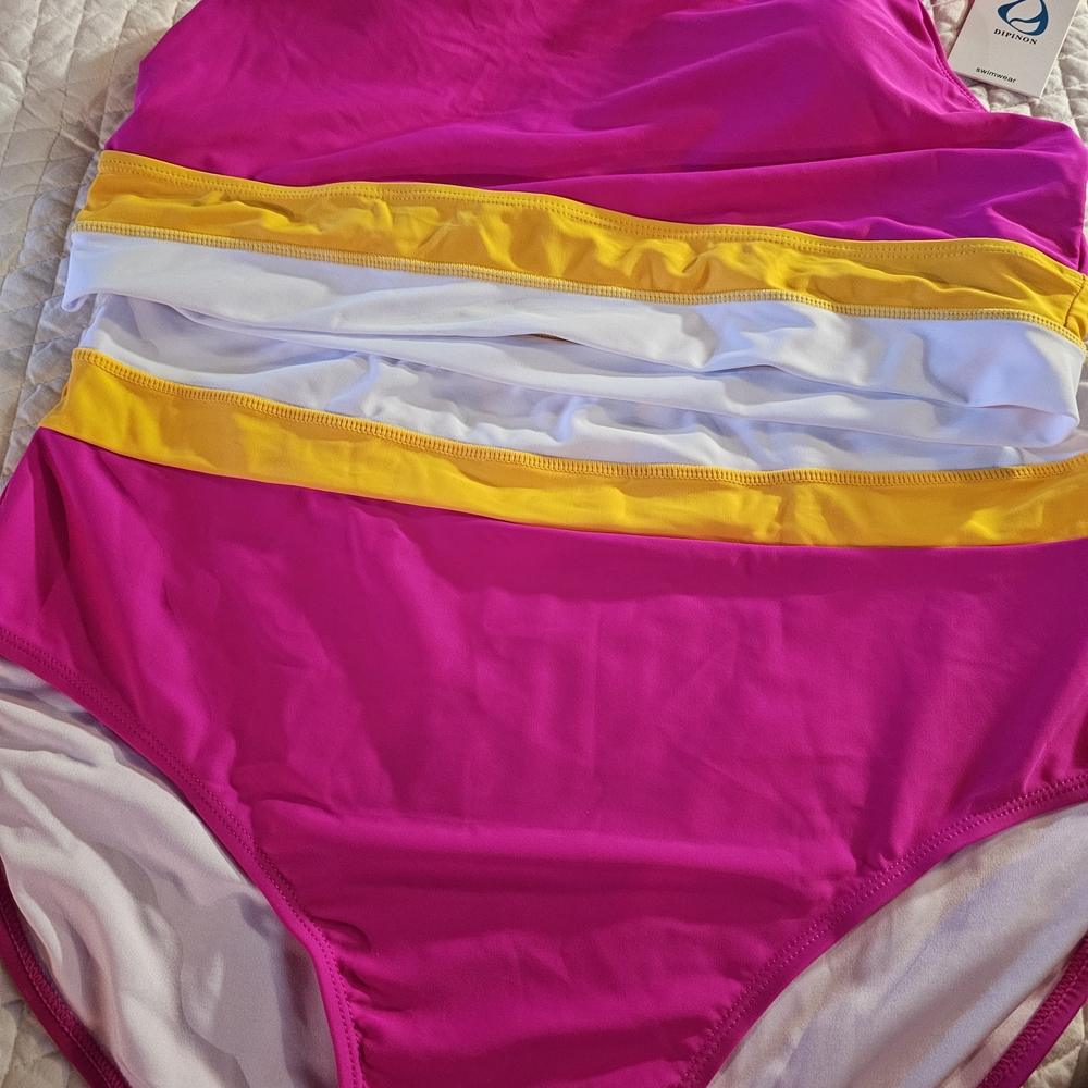 Womans Hot Pink One-Piece Swimsuit with Yellow & White Stripes